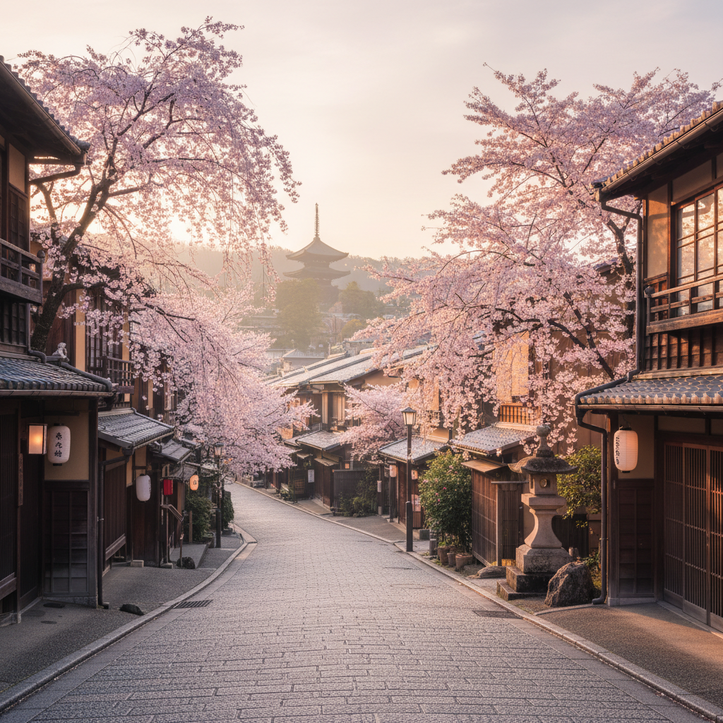 교토 히가시야마 거리의 평화로운 이른 아침 풍경으로 전통적인 목조 건물들과 흐드러지게 피어난 분홍빛 벚꽃이 어우러진 고즈넉한 분위기의 고해상도 풍경 사진