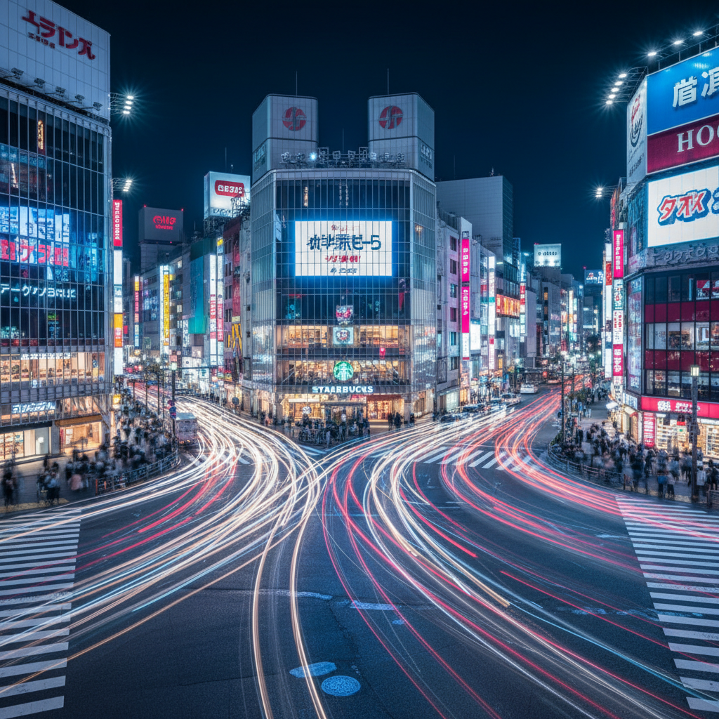 화려한 네온사인과 전광판이 빛나는 밤의 도쿄 시부야 교차로를 장노출로 촬영하여 자동차의 궤적과 도시의 역동적인 에너지가 느껴지는 현대적인 이미지
