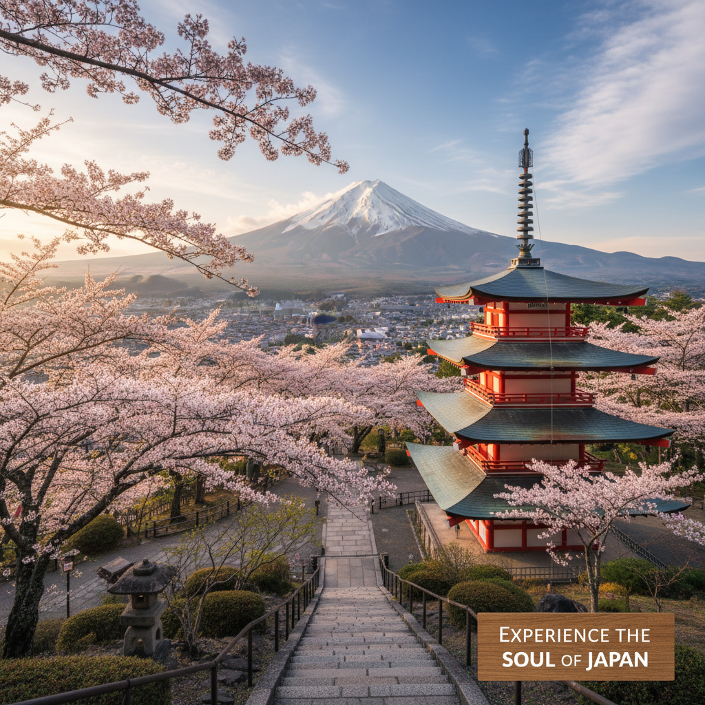 눈 덮인 웅장한 후지산을 배경으로 붉은색 충령탑과 만개한 벚꽃이 한 프레임에 담겨 일본의 정취를 극대화한 상징적인 자연 경관 사진