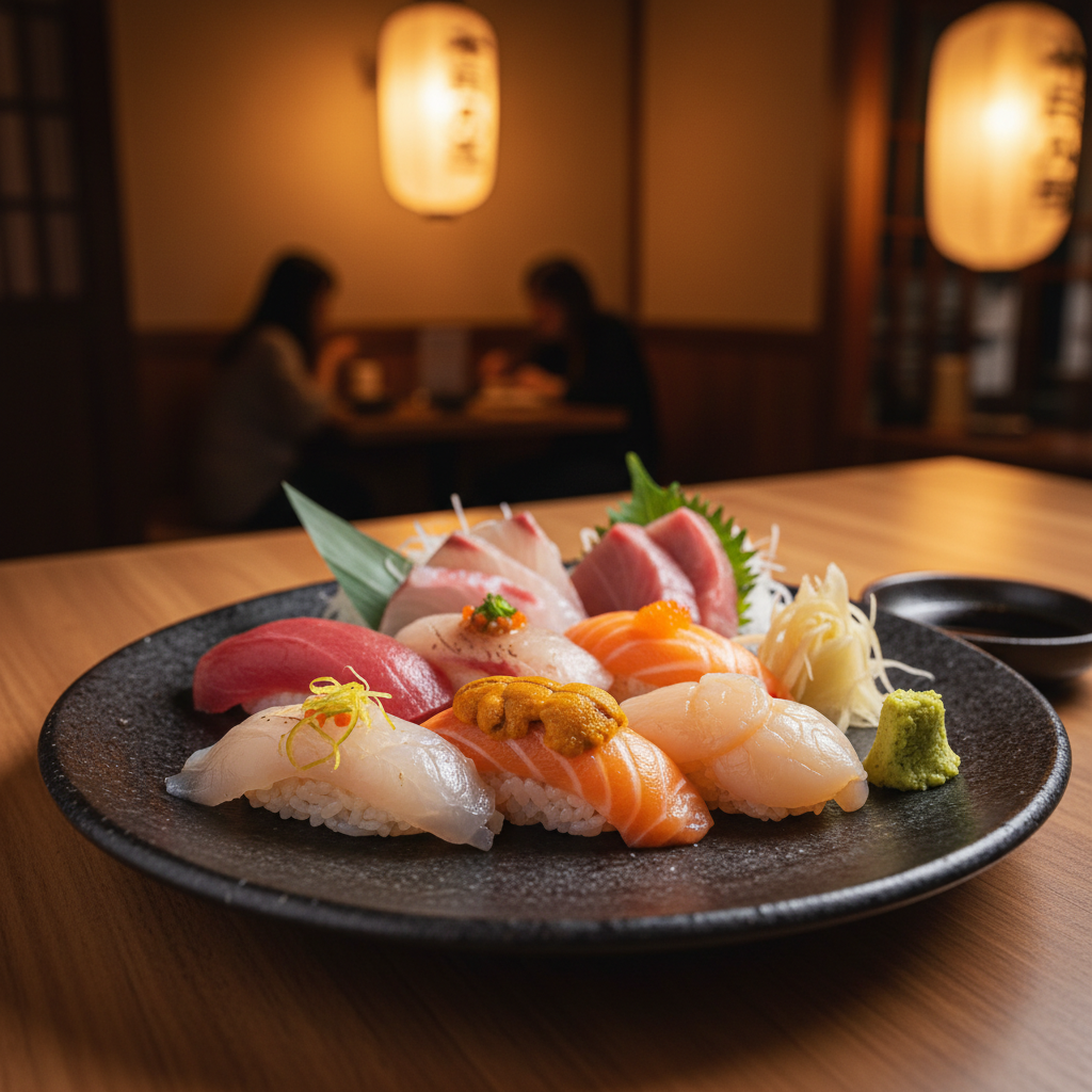 따뜻하고 아늑한 조명의 정통 일식당에서 정갈하게 차려진 신선한 고급 스시 세트와 정교한 플레이팅이 돋보이는 고품질 음식 클로즈업 사진