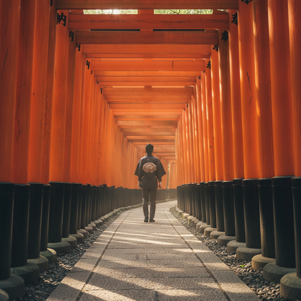 햇살이 부드럽게 스며드는 교토 후시미 이나리 대사의 끝없이 이어진 붉은 도리이 터널을 따라 걷는 듯한 원근감이 강조된 신비로운 분위기의 사진