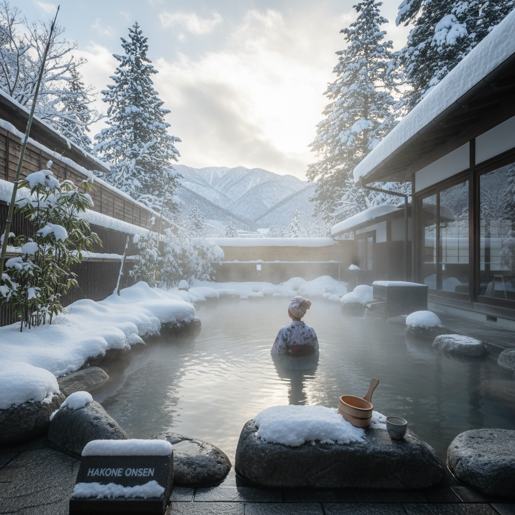 흰 눈이 소복이 쌓인 겨울날 하코네의 야외 노천탕에서 따뜻한 김이 모락모락 피어오르며 산맥을 조망하는 평화롭고 고급스러운 온천 휴양 사진